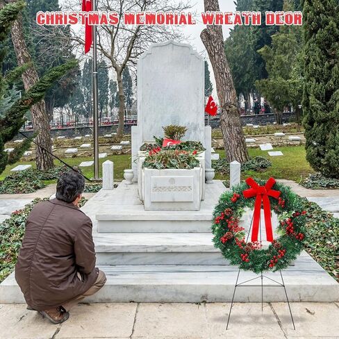 مجموعة إكليل المقبرة التذكارية لعيد الميلاد من Crowye مكونة من 4 قطع تتضمن قطعتين من إكليل عيد الميلاد مقاس 20 بوصة وقطعتين حامل حامل مقاس 30 بوصة للعطلات في الخارج لتزيين إكليل الفناء لشاهد القبر في الهواء الطلق (كلاسيكي) in Kuwait