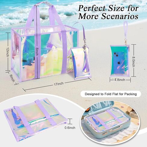 حقيبة شاطئ شفافة قزحية الألوان: مقاومة للماء وخفيفة الوزن مع حقيبة هاتف قابلة للفصل - ضرورية للسفر على شاطئ البحر in Kuwait