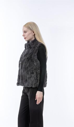 LVCOMEFF Women Real Rex Rabbit Fur Vest Furry Fluffy Classic With High Collar Sleeveless Outwear Top in Kuwait