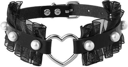 FM FM42 Multicolor PU Simulated Leather Pearl Rivets Heart Ring Lace Collar Choker Necklace in Saudi Arabia