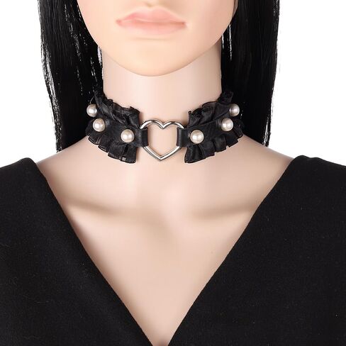 FM FM42 Multicolor PU Simulated Leather Pearl Rivets Heart Ring Lace Collar Choker Necklace in Saudi Arabia