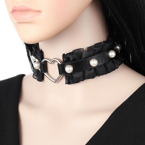 FM FM42 Multicolor PU Simulated Leather Pearl Rivets Heart Ring Lace Collar Choker Necklace in Saudi Arabia
