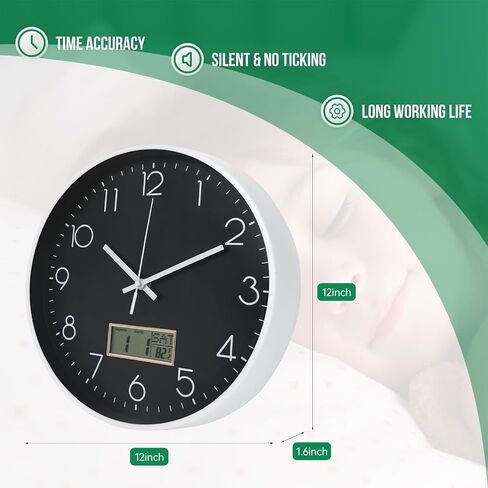 ساعة حائط مع شاشة LCD ساعة ديكور بحركة كوارتز صامتة غير موقوتة مع تقويم دائم ودرجة الحرارة ساعات حائط مستديرة على الطراز الحديث للمكتب/غرفة المعيشة/غرفة النوم (أخضر، 12 بوصة) in Kuwait