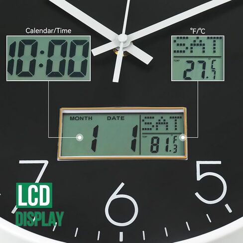 ساعة حائط مع شاشة LCD ساعة ديكور بحركة كوارتز صامتة غير موقوتة مع تقويم دائم ودرجة الحرارة ساعات حائط مستديرة على الطراز الحديث للمكتب/غرفة المعيشة/غرفة النوم (أخضر، 12 بوصة) in Kuwait