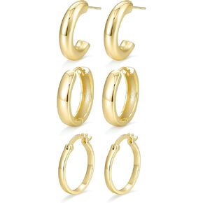 14K Gold Plated Hoop Earrings for Women Ladies Trendy Huggie Hoops 3 Pairs Chunky Open Lightweight Dainty Hypoallergenic Earrings Set in Saudi Arabia