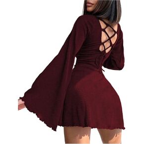 Floerns Women's Y2k Lace Up Mini Dress Bell Sleeve Flare Hem Date Night A Line Dresses in Saudi Arabia
