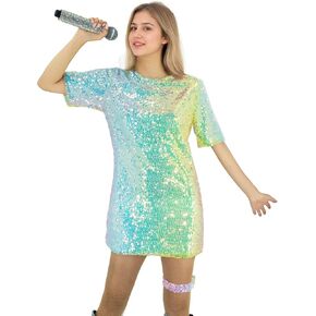 Women's Sparkly Sequin Mini Dress Short Sleeve T-Shirt Dress Casual Loose Cute Tunic Blouse with Fishnets Stocking in Saudi Arabia