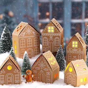 Kosiz 12 Pcs 3D Christmas Village House Set White Xmas Town Decorations with LED String Light Accessories Paper Holiday Rustic House Figurines Scene Desktop Ornament for Home Xmas Village Party Decor in Saudi Arabia