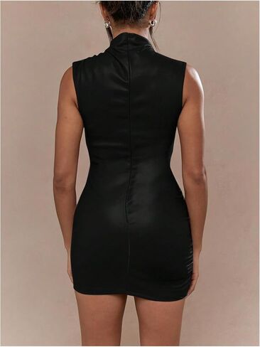 Milumia Women's Ruched Mock Neck Sleeveless Leather Dress Sexy Night Out Mini Dresses in Saudi Arabia