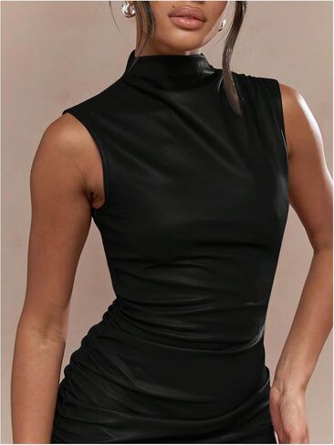 Milumia Women's Ruched Mock Neck Sleeveless Leather Dress Sexy Night Out Mini Dresses in Saudi Arabia