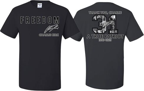 wild custom apparel Charlie Kirk Freedom Signature Front & Back Thank You 31 Freedom T-Shirts in Saudi Arabia