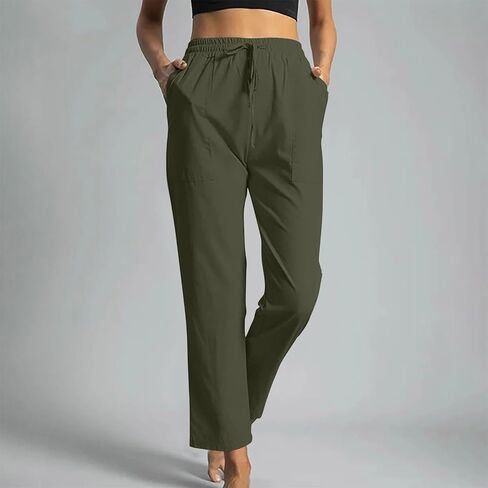 Linen Pants Women Drawstring Waist Linen Pants Solid Color Casual Linen Trousers with Pockets Summer Trendy Clothes in Kuwait
