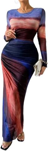 Women's Sexy Bodycon Dress Gradient Printing Mesh Ruched Long Sleeve Dress Party Club Fishtail Dresses in Saudi Arabia
