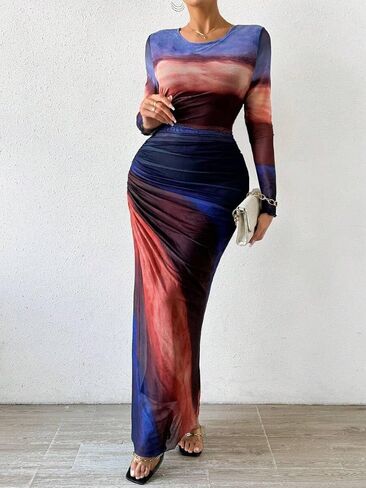 Women's Sexy Bodycon Dress Gradient Printing Mesh Ruched Long Sleeve Dress Party Club Fishtail Dresses in Saudi Arabia