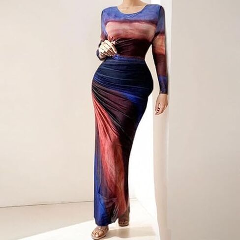 Women's Sexy Bodycon Dress Gradient Printing Mesh Ruched Long Sleeve Dress Party Club Fishtail Dresses in Saudi Arabia