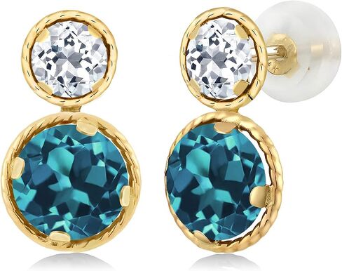 Gem Stone King 14K Yellow Gold London Blue and White Topaz Earrings For Women 2.86 Cttw, Gemstone November Birthstone, Round Cut 6MM and 4MM in Saudi Arabia