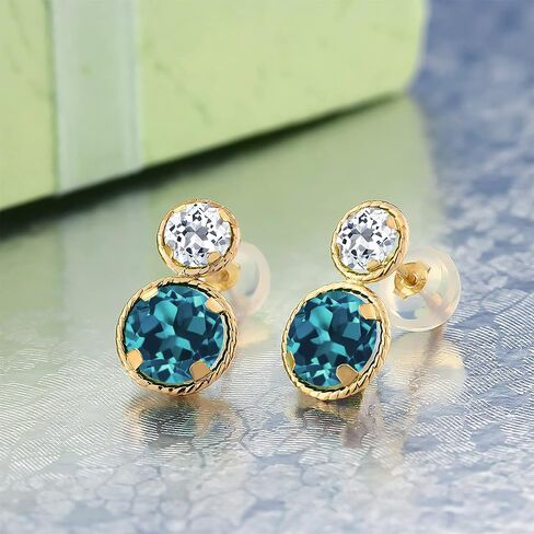 Gem Stone King 14K Yellow Gold London Blue and White Topaz Earrings For Women 2.86 Cttw, Gemstone November Birthstone, Round Cut 6MM and 4MM in Saudi Arabia