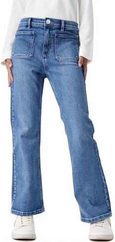 Haloumoning Girls High Waisted Jeans Straight Leg Stretch Demin Pants Cute Casual Trousers with Pockets in Kuwait