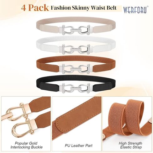 WERFORU 4 Pack Women Skinny Elastic Waist Belt Gold Buckle Stretchy Thin Belt for Jeans Dress in Saudi Arabia