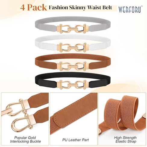 WERFORU 4 Pack Women Skinny Elastic Waist Belt Gold Buckle Stretchy Thin Belt for Jeans Dress in Saudi Arabia