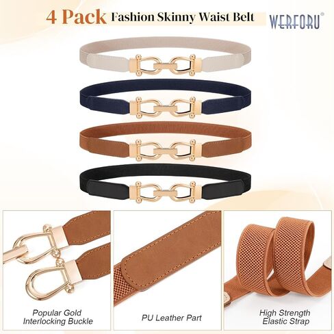 WERFORU 4 Pack Women Skinny Elastic Waist Belt Gold Buckle Stretchy Thin Belt for Jeans Dress in Saudi Arabia
