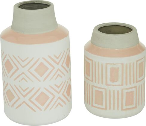 Deco 79 Ceramic Decorative Vase Centerpiece Vases with Diamond Patterns, Set of 2 Flower Vases for Home Decoration 10", 7"H, White in Saudi Arabia