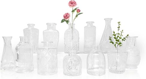 Glass Mini Vases, 5 Inch Height, Set of 4, Transparent Bottle Shape, for Home and Flowers (12) in Saudi Arabia