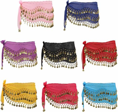 8Pcs Belly Dance Hip Scarf For Women, With 128 Gold Coins Belly Dancing Skirt Wrap Set Bling Sequins Performance Costume Beaded Belt Outfits Accessories Waist Chains in Kuwait
