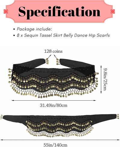 8Pcs Belly Dance Hip Scarf For Women, With 128 Gold Coins Belly Dancing Skirt Wrap Set Bling Sequins Performance Costume Beaded Belt Outfits Accessories Waist Chains in Kuwait
