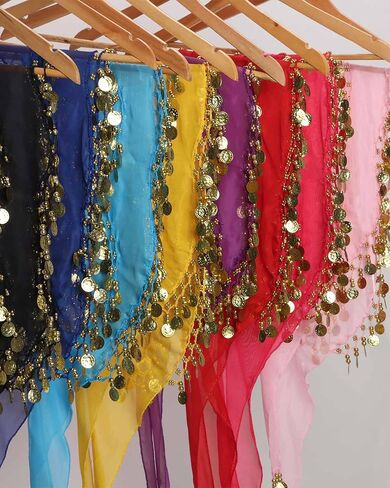 8Pcs Belly Dance Hip Scarf For Women, With 128 Gold Coins Belly Dancing Skirt Wrap Set Bling Sequins Performance Costume Beaded Belt Outfits Accessories Waist Chains in Kuwait