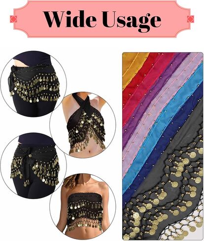 8Pcs Belly Dance Hip Scarf For Women, With 128 Gold Coins Belly Dancing Skirt Wrap Set Bling Sequins Performance Costume Beaded Belt Outfits Accessories Waist Chains in Kuwait