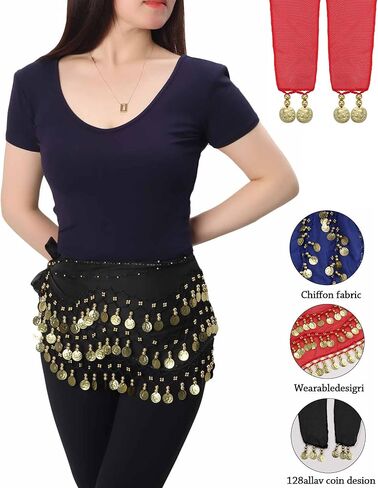 8Pcs Belly Dance Hip Scarf For Women, With 128 Gold Coins Belly Dancing Skirt Wrap Set Bling Sequins Performance Costume Beaded Belt Outfits Accessories Waist Chains in Kuwait