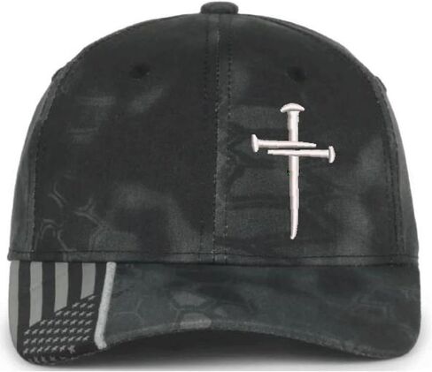Christian Cross Baseball Cap, Religious 3 Nail Design, Typhoon CAMO HAT w/Glow in The Dark Cross | Jesus Christian Hat USA Flag Brim Adjustable Hat and Free Decal. in Saudi Arabia