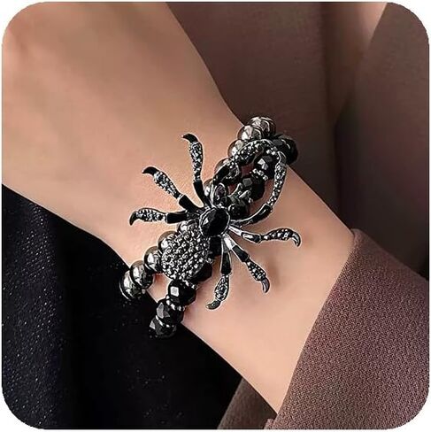 YERTTER Gothic Black Beaded with Rhinestones and Crystals Spider Stretch Bracelet Punk Holloween Bangle for Women Men in Saudi Arabia