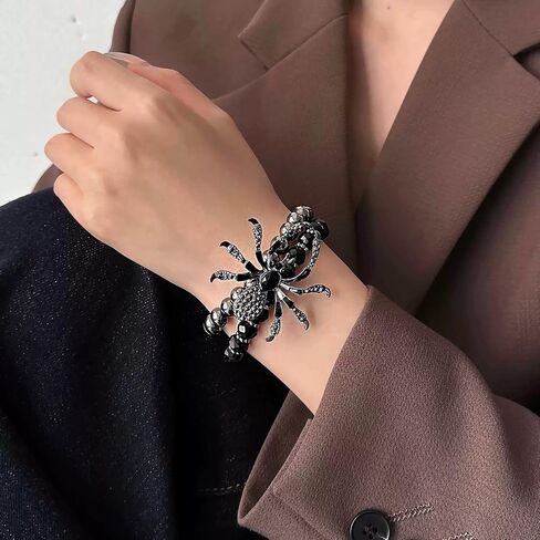 YERTTER Gothic Black Beaded with Rhinestones and Crystals Spider Stretch Bracelet Punk Holloween Bangle for Women Men in Saudi Arabia