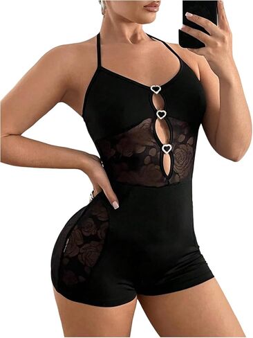 MakeMeChic Women's Floral Lace Halter Neck Romper Backless Bodycon One Piece Short Jumpsuit in Saudi Arabia