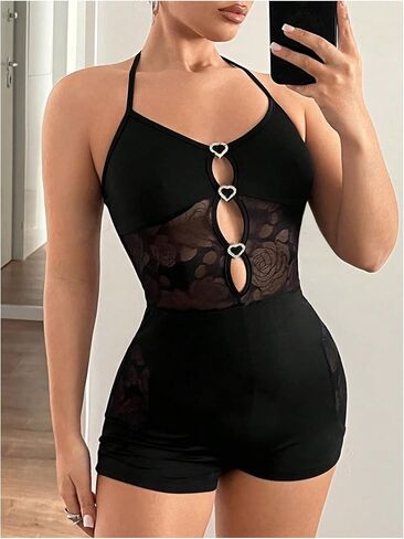 MakeMeChic Women's Floral Lace Halter Neck Romper Backless Bodycon One Piece Short Jumpsuit in Saudi Arabia