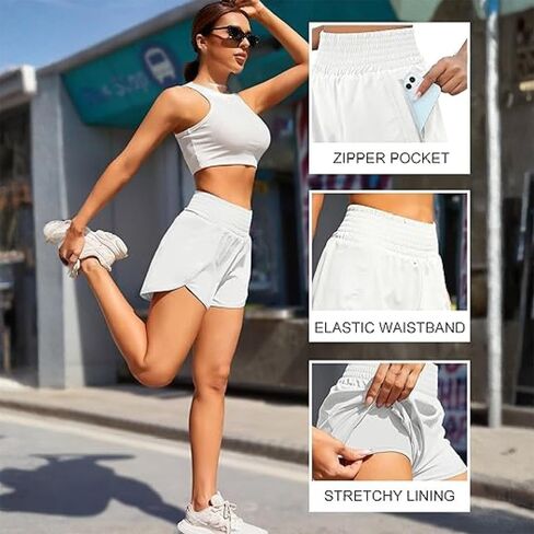 High-Waisted Running Shorts for Women – Black, White, Grey Fake Two-Piece Design for Yoga & Running in Saudi Arabia