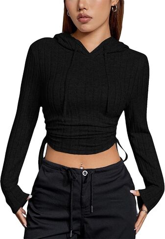 WDIRARA Women's Ribbed Knit Drawstring Crop Hoodie Long Sleeve Ruched Tie Side Pullover Hooded Sweatshirts in Saudi Arabia