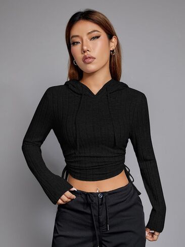 WDIRARA Women's Ribbed Knit Drawstring Crop Hoodie Long Sleeve Ruched Tie Side Pullover Hooded Sweatshirts in Saudi Arabia