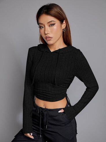 WDIRARA Women's Ribbed Knit Drawstring Crop Hoodie Long Sleeve Ruched Tie Side Pullover Hooded Sweatshirts in Saudi Arabia