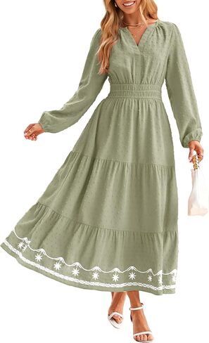 Simplee Womens Long Sleeve Fall Long Dress Swiss Dot Maxi Wedding Guset Dress Boho V Neck Casual Dress with Pockets in Saudi Arabia
