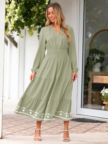 Simplee Womens Long Sleeve Fall Long Dress Swiss Dot Maxi Wedding Guset Dress Boho V Neck Casual Dress with Pockets in Saudi Arabia