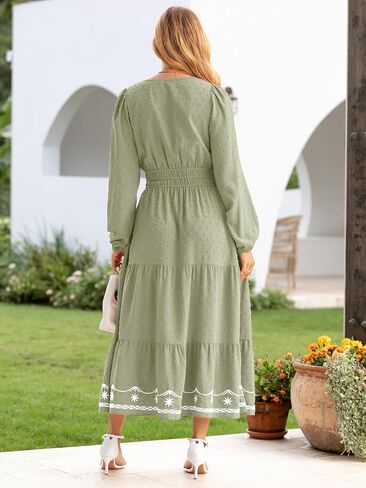 Simplee Womens Long Sleeve Fall Long Dress Swiss Dot Maxi Wedding Guset Dress Boho V Neck Casual Dress with Pockets in Saudi Arabia
