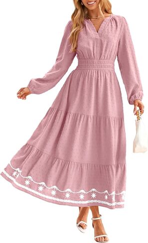 Simplee Womens Long Sleeve Fall Long Dress Swiss Dot Maxi Wedding Guset Dress Boho V Neck Casual Dress with Pockets in Saudi Arabia