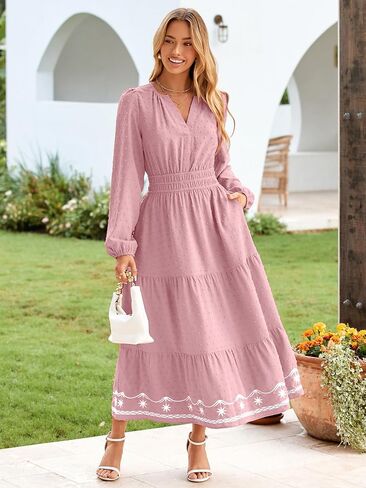 Simplee Womens Long Sleeve Fall Long Dress Swiss Dot Maxi Wedding Guset Dress Boho V Neck Casual Dress with Pockets in Saudi Arabia