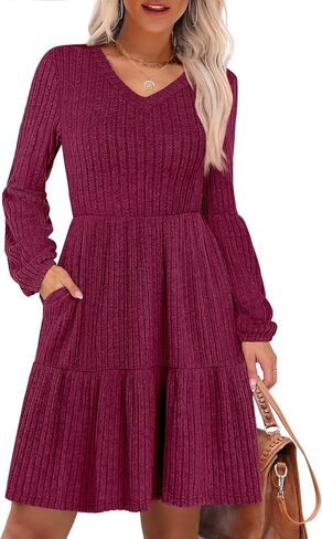 ANRABESS Women's Long Lantern Sleeve Ribbed Knit Dresses V Neck Casual 2025 Fall Winter Flowy Swing Tunic Sweater Short Dress in Saudi Arabia