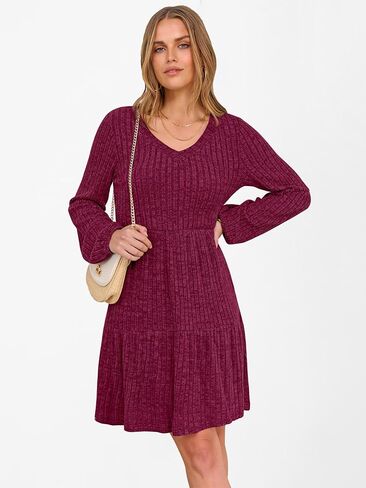ANRABESS Women's Long Lantern Sleeve Ribbed Knit Dresses V Neck Casual 2025 Fall Winter Flowy Swing Tunic Sweater Short Dress in Saudi Arabia