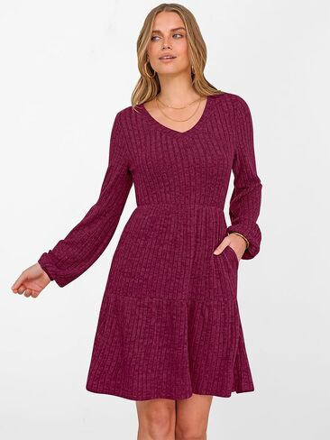 ANRABESS Women's Long Lantern Sleeve Ribbed Knit Dresses V Neck Casual 2025 Fall Winter Flowy Swing Tunic Sweater Short Dress in Saudi Arabia