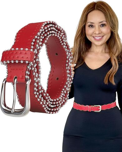 Belts for Women – Red Vegan Leather Waist Belt with Wavy Edge Silver Buckle – Adjustable for Jeans or Dresses in Saudi Arabia